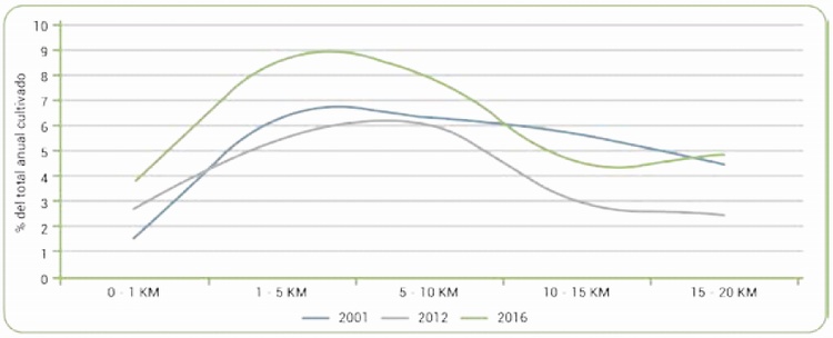 Distribucin de cultivos de coca segn distancia a una frontera, 2001 - 2012 - 2016